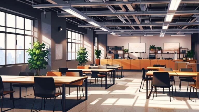 Interior moderno de un espacio de coworking repleto de equipos tecnológicos en uso