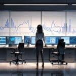 Oficina moderna con computadoras y gráficos empresariales en pantallas