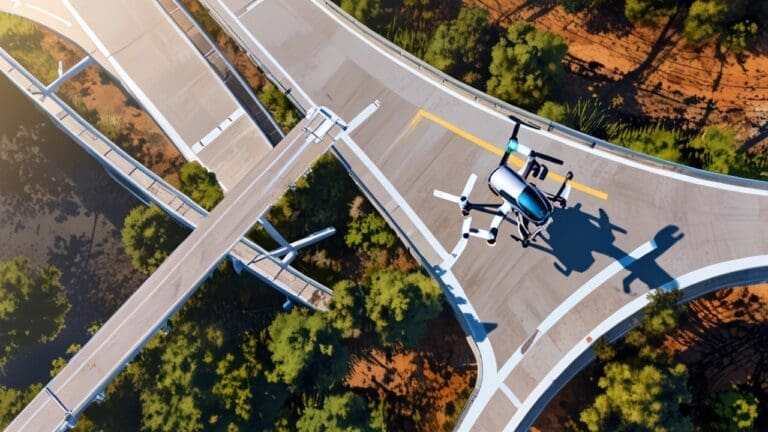Plano aéreo de drones inspeccionando una carretera rodeada de naturaleza y tecnología analítica.