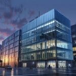 Edificios modernos de oficina con tecnología avanzada y conexiones IoT al amanecer