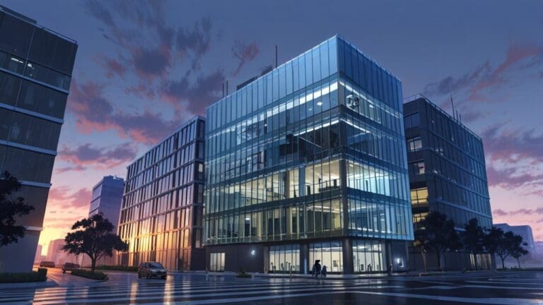 Edificios modernos de oficina con tecnología avanzada y conexiones IoT al amanecer