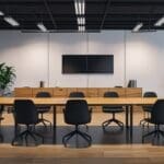 Sala de juntas moderna con mesas de trabajo, laptops y gráficos financieros sobre la mesa.