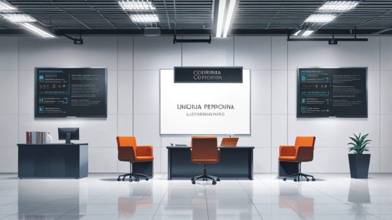 Oficinas corporativas modernas con pantallas digitales mostrando gráficos financieros y administrativos