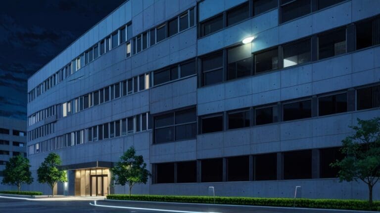 Edificio corporativo moderno con luces encendidas rodeado de vegetación, reflejando inversión global en tecnología.