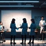 Equipo de jóvenes profesionales colaborando en un espacio de trabajo moderno, con pizarras y tecnología avanzada.