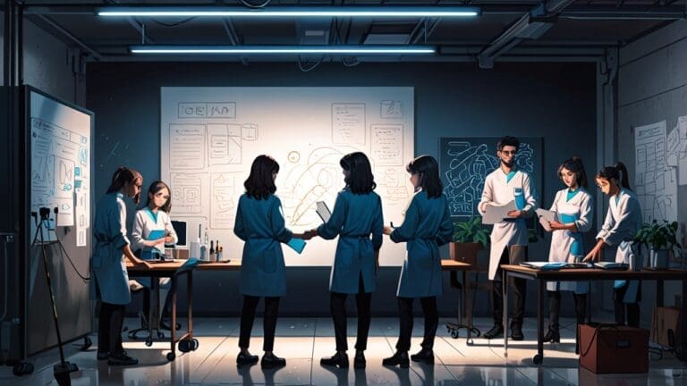 Equipo de jóvenes profesionales colaborando en un espacio de trabajo moderno, con pizarras y tecnología avanzada.