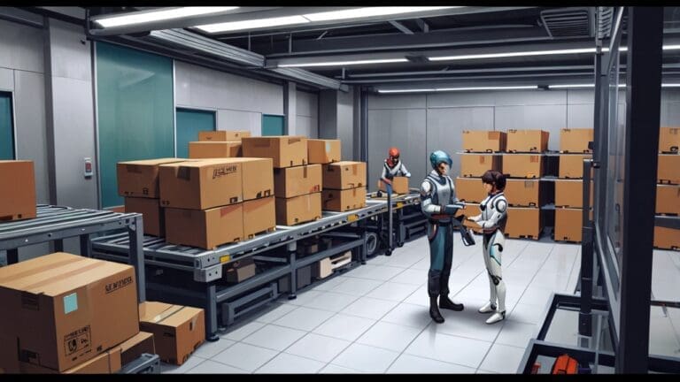 Interior de un almacén moderno con robots humanoides colaborando en tareas logísticas