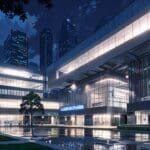 Centro de innovación tecnológica en una ciudad moderna, con edificios iluminados e infraestructuras digitales avanzadas.