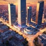 Vista aérea de un moderno centro de innovación tecnológica rodeado de ciudades vibrantes al atardecer