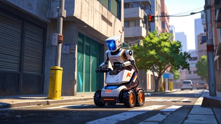 Un robot autónomo limpiando una avenida en una ciudad moderna con edificios altos al fondo.