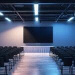 Vista moderna de un espacio de conferencias tecnológico con luces azules y una pantalla grande