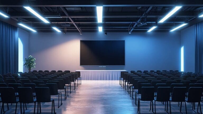 Vista moderna de un espacio de conferencias tecnológico con luces azules y una pantalla grande
