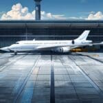 Vista futurista de un avión de diseño innovador en una pista de aeropuerto moderno