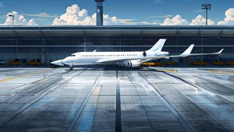 Vista futurista de un avión de diseño innovador en una pista de aeropuerto moderno