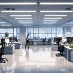 Oficinas modernas con computadoras y emprendedores colaborando en un entorno tecnológico.