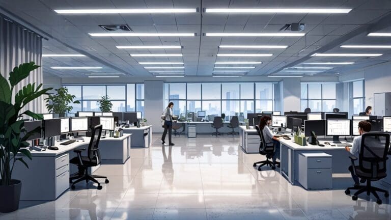 Oficinas modernas con computadoras y emprendedores colaborando en un entorno tecnológico.