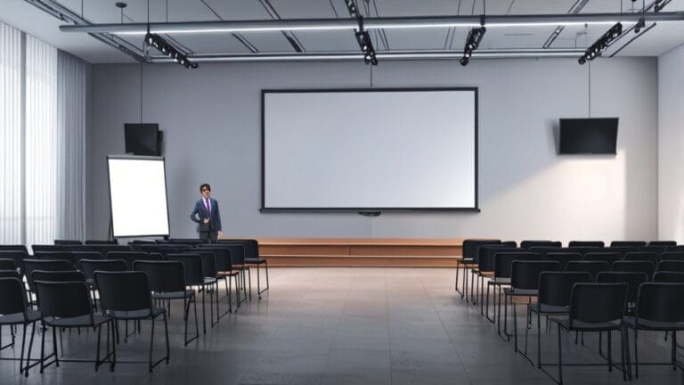 Salón de conferencias moderno con pantallas tecnológicas y un escenario listo para presentaciones