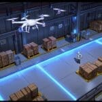 Interior de un moderno almacén logístico con drones y robots en operación, iluminado estratégicamente