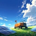 Robot autónomo limpiando paneles solares en un campo de energía solar bajo un cielo despejado
