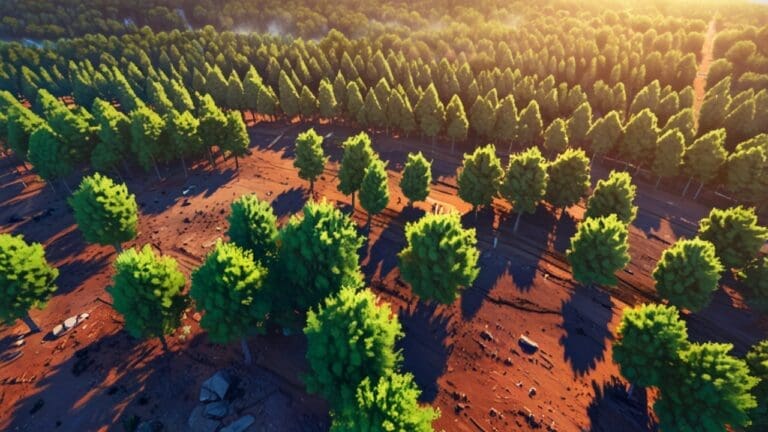 Vista aérea de un área reforestada con árboles jóvenes y vegetación diversa al atardecer.
