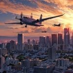 Paísaje urbano moderno con aviones volando sobre una ciudad al amanecer