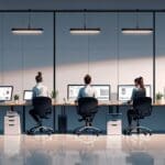 Oficina moderna con tecnología de startups, laptops y pantallas.