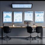 Oficina moderna con gráficos digitales y dispositivos tecnológicos sobre una mesa