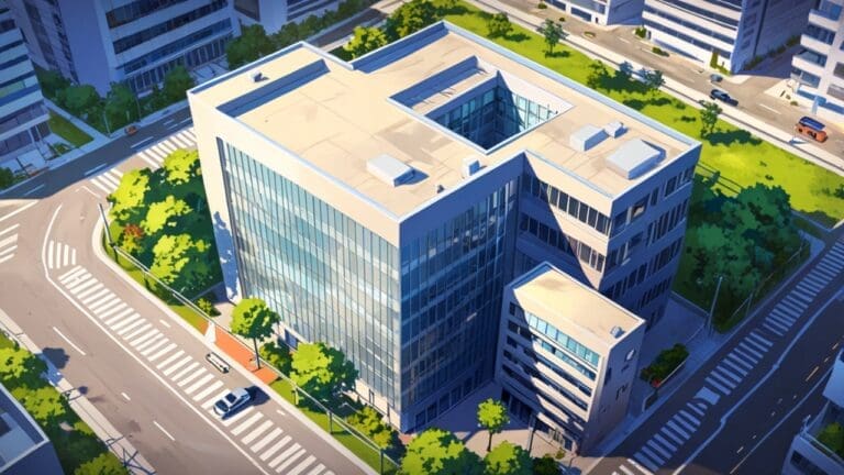 Vista aérea de oficinas modernas en un distrito financiero rodeado de tecnología y naturaleza.