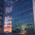 Edificios modernos de oficinas tecnológicas rodeados de naturaleza urbana al atardecer