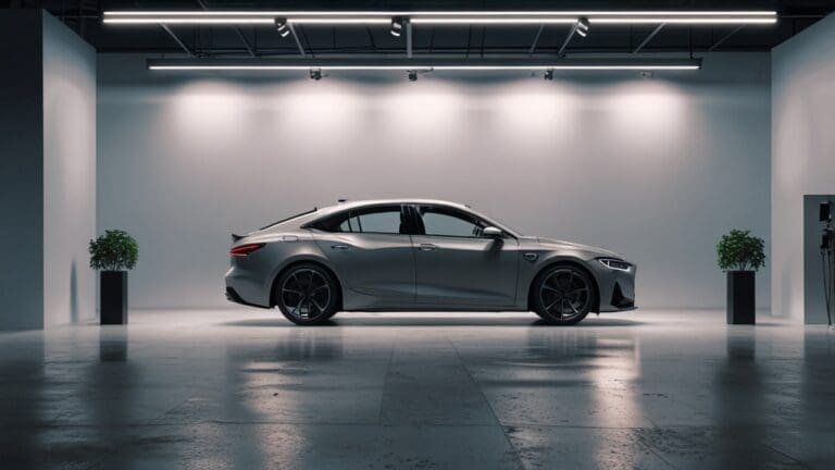 Escena de un concesionario de autos moderno y minimalista con un auto nuevo en exhibición bajo luces brillantes.