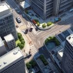 Vista aérea de moderno centro financiero con rascacielos y tecnología avanzada.