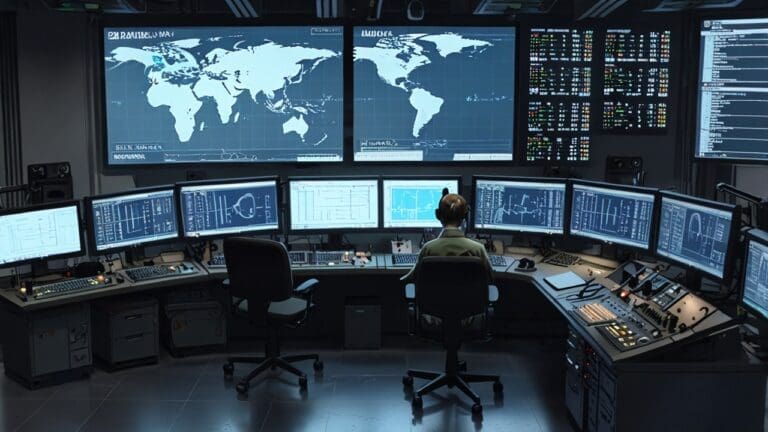 Vista moderna de un centro de control de operaciones aéreas con pantallas digitales.