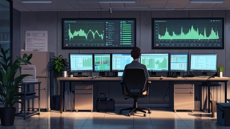 Oficina moderna con pantallas mostrando gráficos financieros y tecnólogos trabajando en computadoras