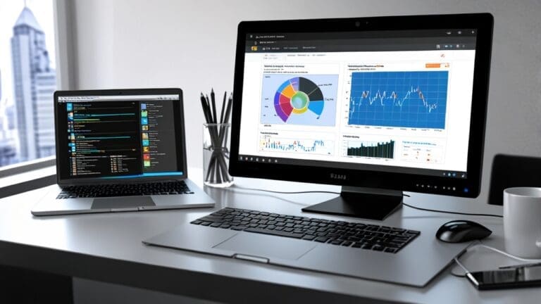Ordenador portátil en escritorio moderno con gráficos financieros en pantalla