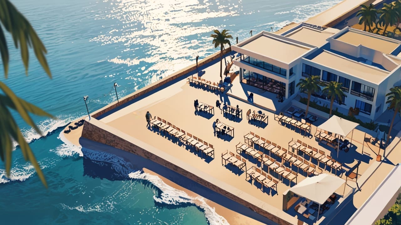 Vista aérea de un moderno centro de conferencias junto al mar en Marbella.