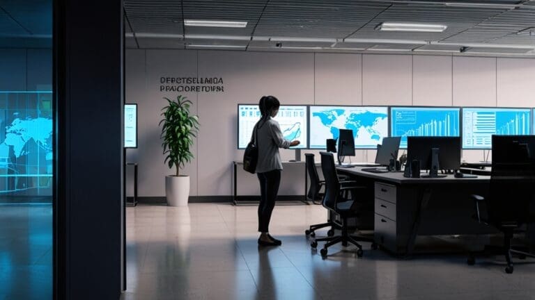 Oficina moderna con equipos informáticos y pantallas mostrando gráficos y datos tecnológicos.