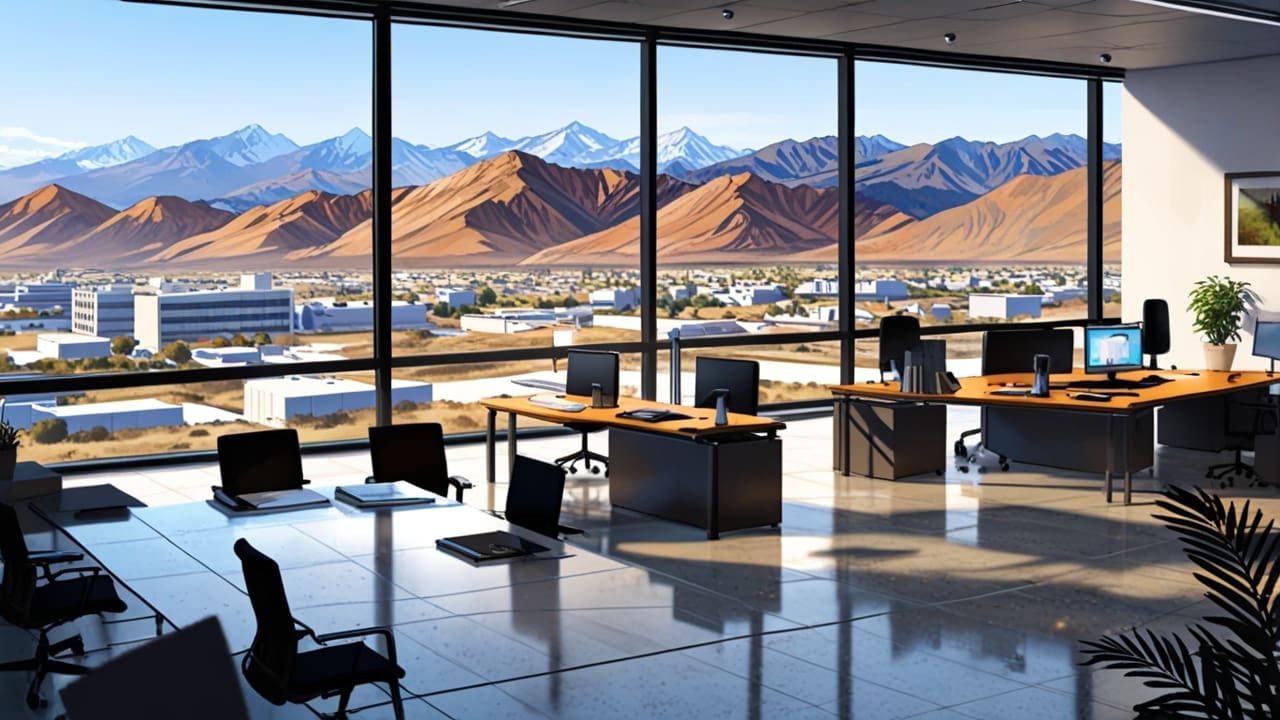 Oficinas modernas con equipos tecnológicos y vista a la montaña en Mendoza