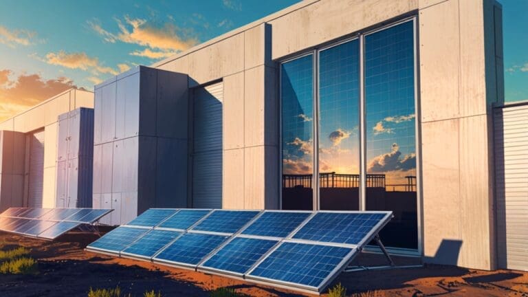 Plano cenital de paneles solares en un parque industrial moderno al amanecer