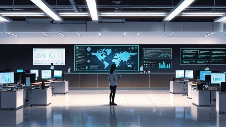 Oficina moderna con equipos tecnológicos y pantallas mostrando aplicaciones de inteligencia artificial