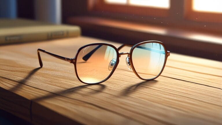 Primer plano de unas gafas coloridas sobre una mesa de madera clara, con un fondo borroso de un taller tecnológico moderno.