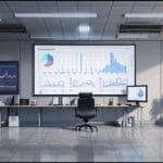 Interior de una oficina de tecnología moderna con pantallas grandes y gráficos de datos.