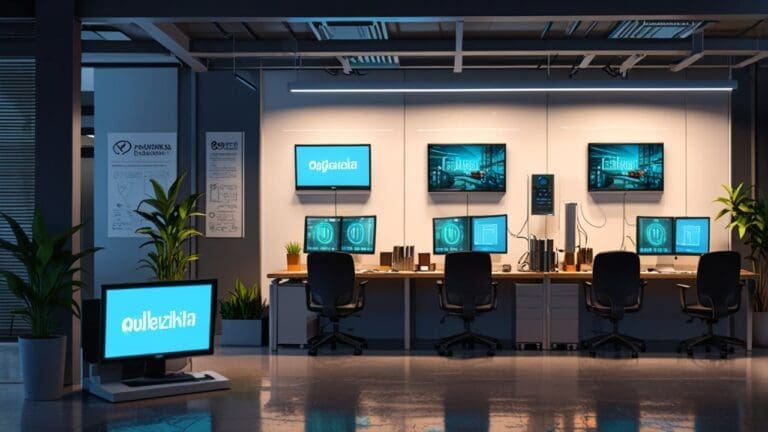 Oficinas modernas de una startup tecnológica con dispositivos y pantallas digitales en Brasil