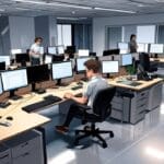 Emprendedores tecnológicos trabajando en una oficina moderna con ordenadores y pizarras.