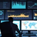 Oficina moderna con computadoras y gráficos de criptomonedas en pantalla