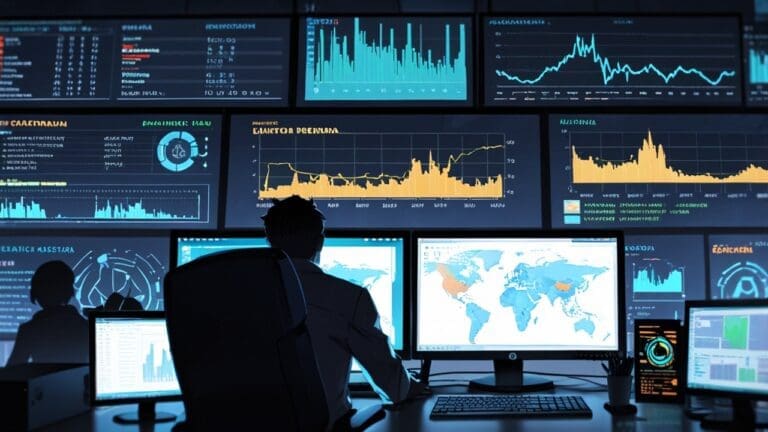 Oficina moderna con computadoras y gráficos de criptomonedas en pantalla