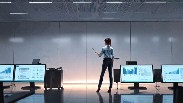 Oficina moderna con estaciones de trabajo tecnológicas y pantallas digitales