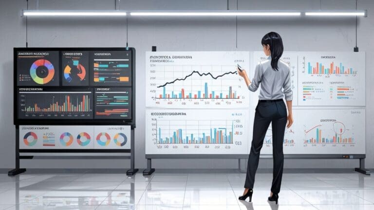 Moderna oficina tecnológica con pantallas mostrando gráficos de análisis de datos.