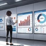 Oficina moderna con pantallas mostrando gráficos y datos tecnológicos.