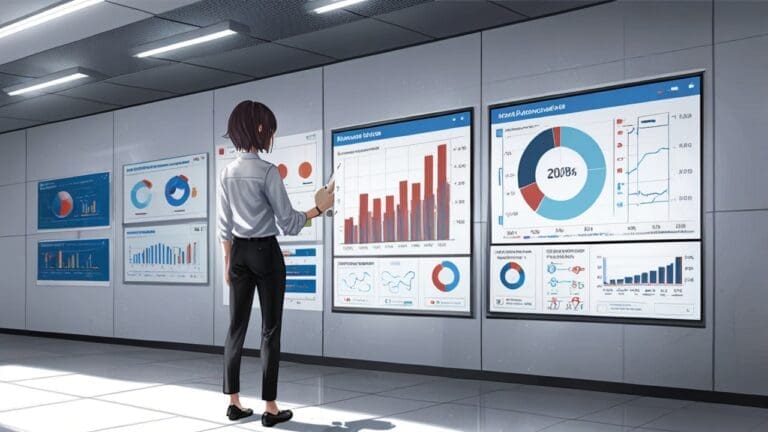 Oficina moderna con pantallas mostrando gráficos y datos tecnológicos.