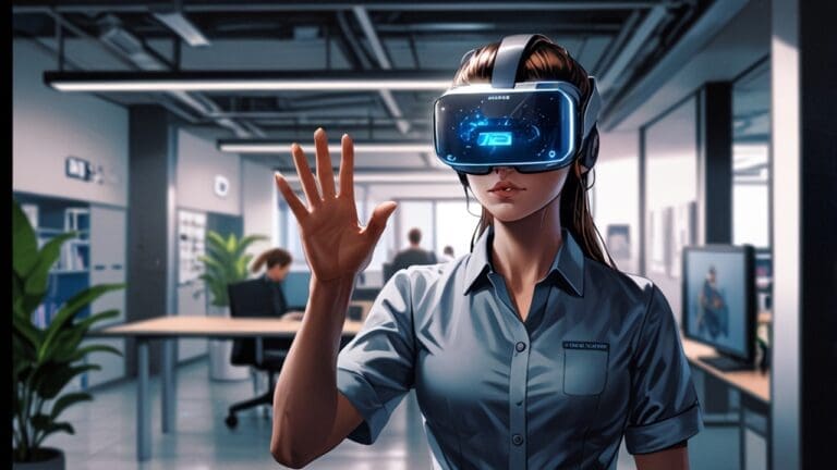 Oficina moderna con tecnología avanzada de realidad virtual en un entorno corporativo
